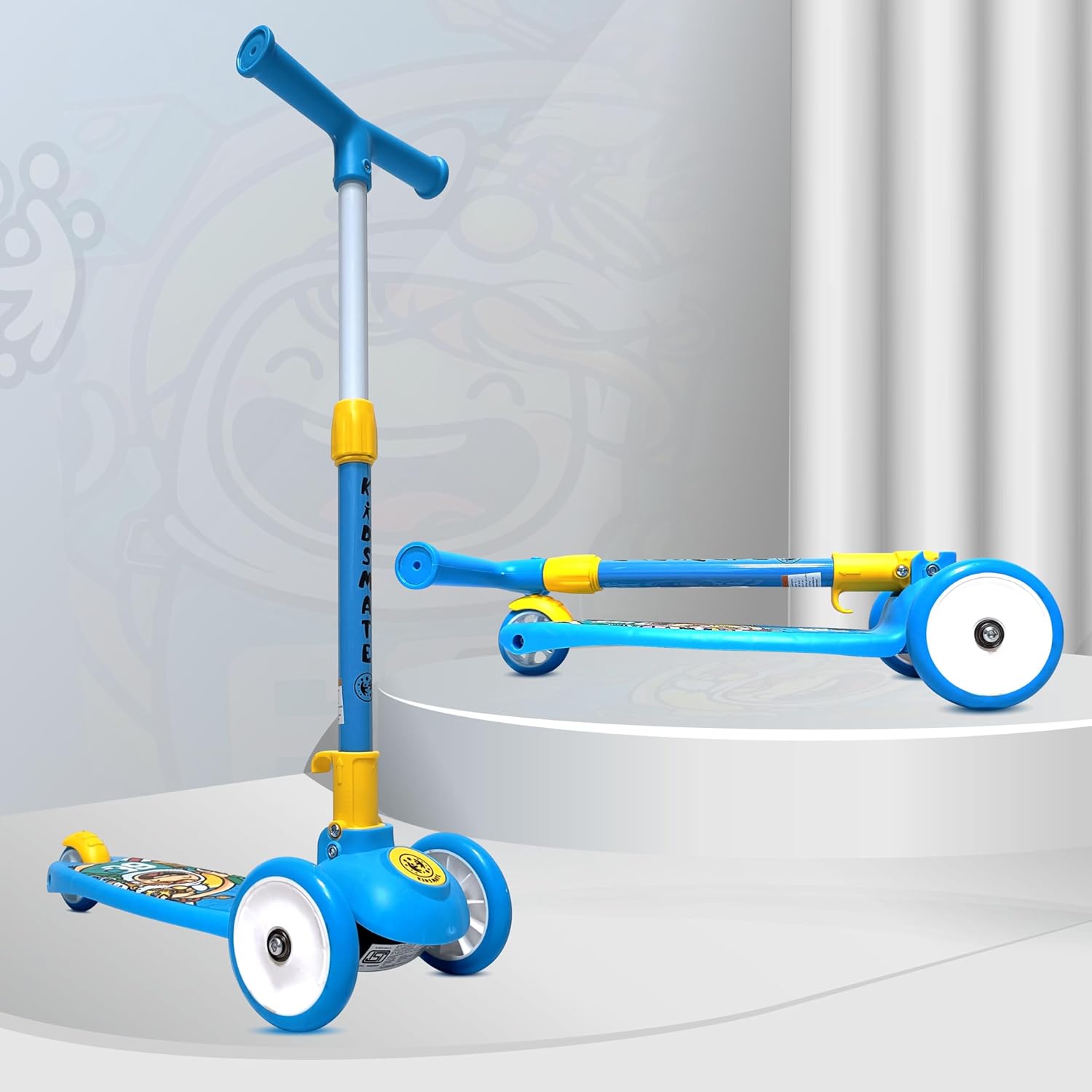 Kidsmate Leo Kick Scooter in black, designed for kids with 3 adjustable height settings, broad PVC wheels, and a reliable rare brake. Its foldable design makes storage and transport easy." www.usmile.toys